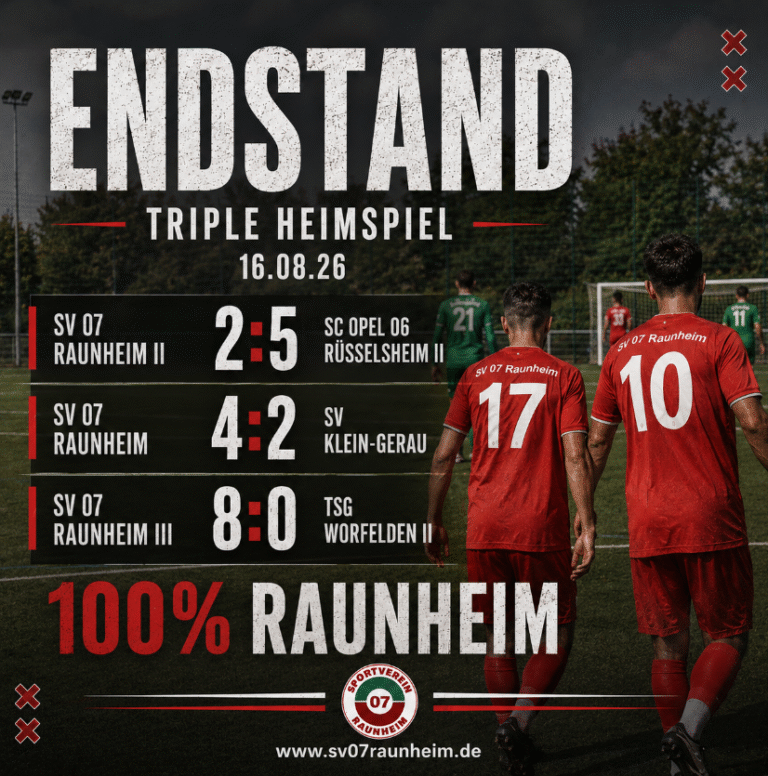 Endstand Triple-Heimspiel SV 07 Raunheim 16.08.2026: Zweite 2:5, Erste 4:2, Dritte 8:0