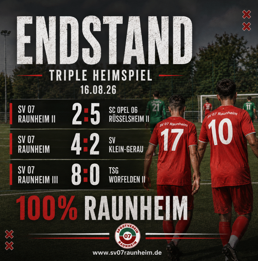 Endstand Triple-Heimspiel SV 07 Raunheim 16.08.2026: Zweite 2:5, Erste 4:2, Dritte 8:0