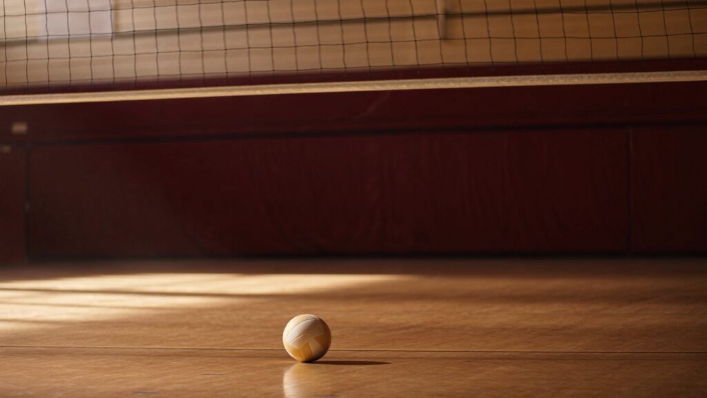 Volleyball vor einem Netz auf dem Boden einer Sporthalle