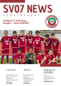 Titelseite der SV07 News, Ausgabe 1 der Saison 2026/27, mit Mannschaftsfoto der D-Jugend des SV 07 Raunheim