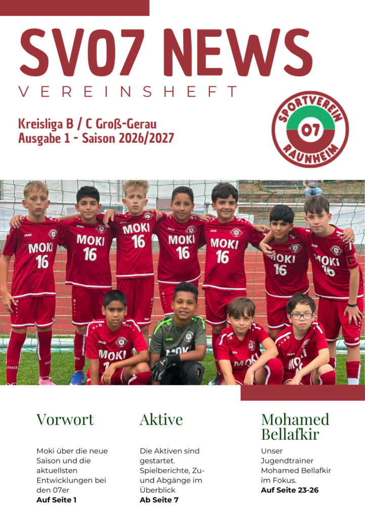Titelseite der SV07 News, Ausgabe 1 der Saison 2026/27, mit Mannschaftsfoto der D-Jugend des SV 07 Raunheim