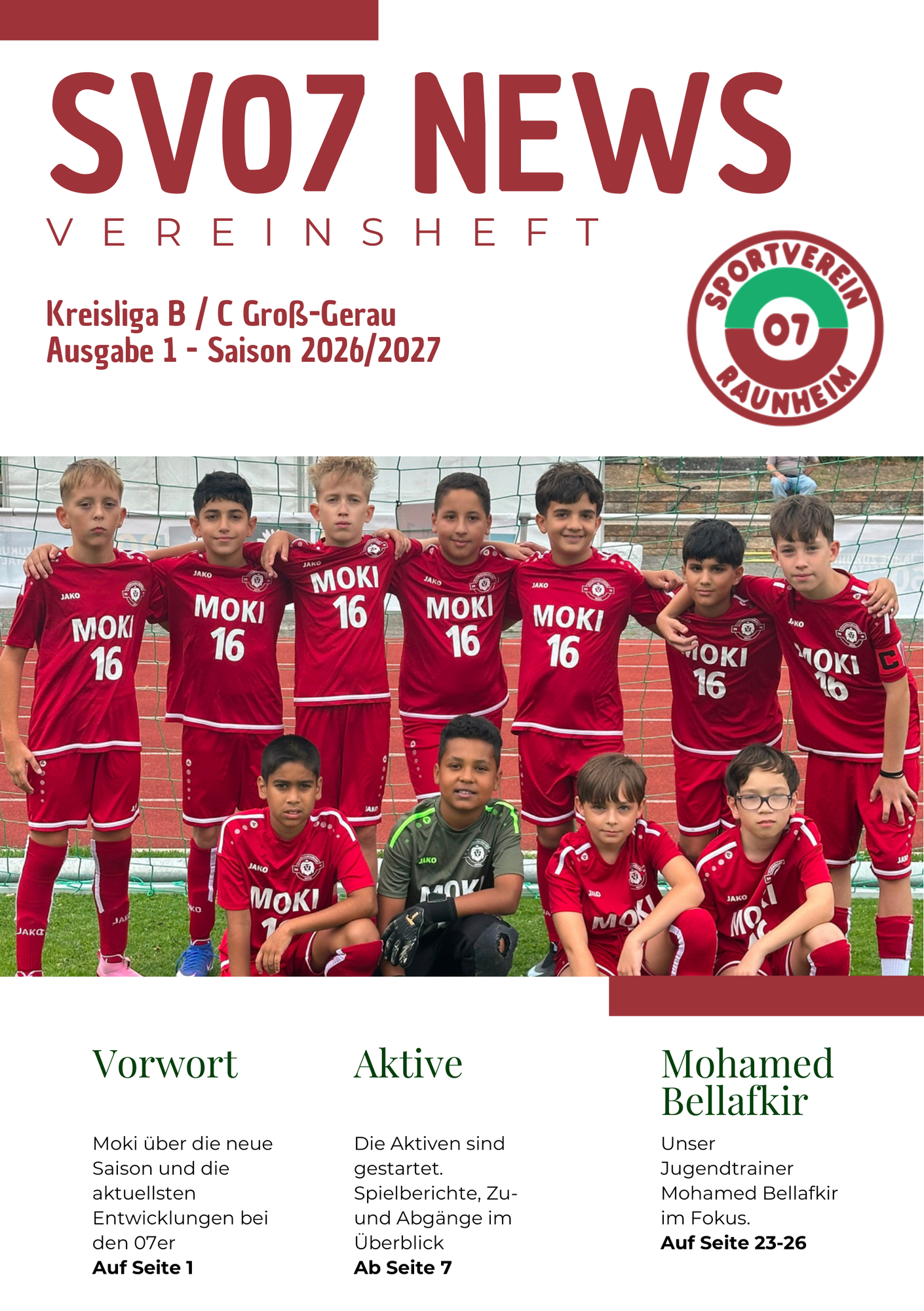 Titelseite der SV07 News, Ausgabe 1 der Saison 2026/27, mit Mannschaftsfoto der D-Jugend des SV 07 Raunheim
