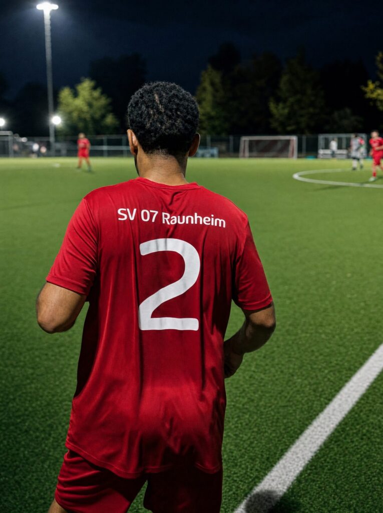 Spieler des SV 07 Raunheim mit der Rückennummer 2 unter Flutlicht im Sportpark