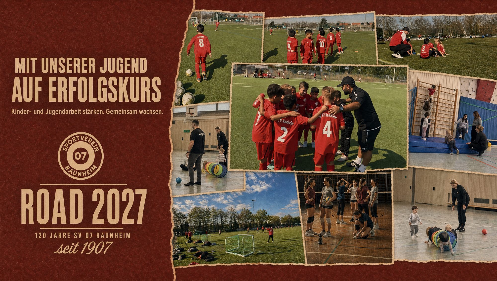 Road 2027: Collage aus Jugendfußball, Kinderturnen und Volleyball des SV 07 Raunheim unter dem Motto Mit unserer Jugend auf Erfolgskurs