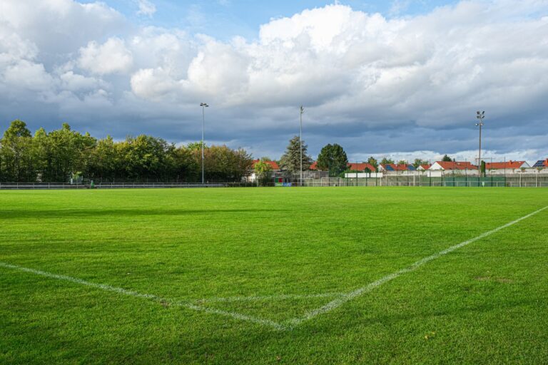Der Kunstrasenplatz im Sportpark Raunheim unter Wolkenhimmel