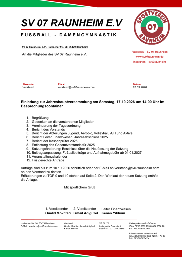 Einladung des SV 07 Raunheim zur Jahreshauptversammlung am 17. Oktober 2026, Seite 1 mit Tagesordnung