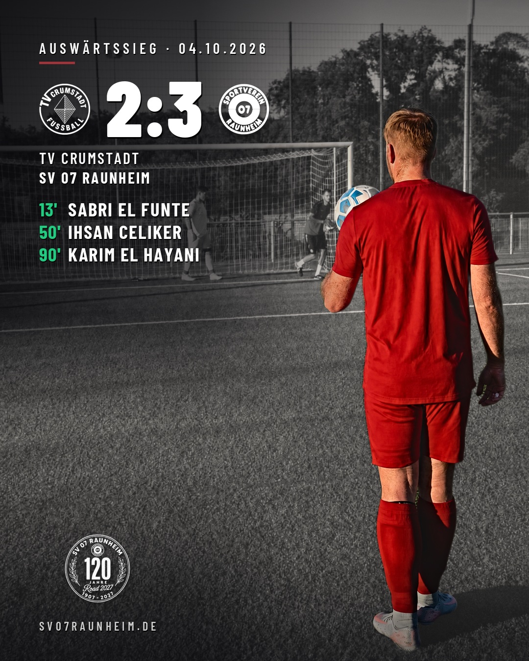 Ergebniskarte: TV Crumstadt gegen SV 07 Raunheim 2:3, Tore Sabri El Funte 13., Ihsan Celiker 50., Karim El Hayani 90.