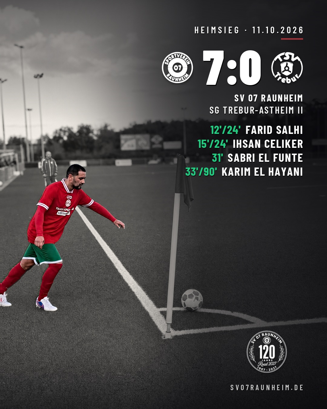 Ergebniskarte: SV 07 Raunheim gegen SG Trebur-Astheim II 7:0, Tore Farid Salhi 12. und 24., Ihsan Celiker 15. und 24., Sabri El Funte 31., Karim El Hayani 33. und 90.