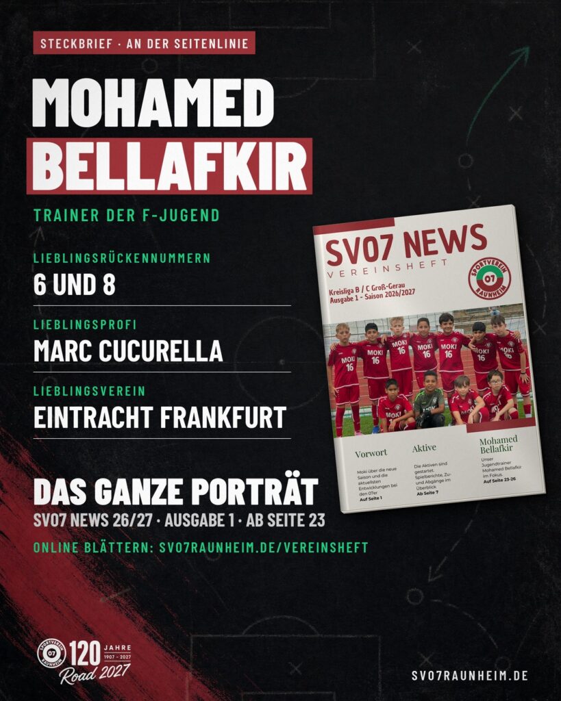 Steckbrief von Mohamed Bellafkir, Trainer der F-Jugend des SV 07 Raunheim, daneben die Titelseite der SV07 News 26/27